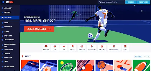 Fußballspieler schießt Elfmeter ins Tor im TikiTaka Casino Banner mit Bonusangebot