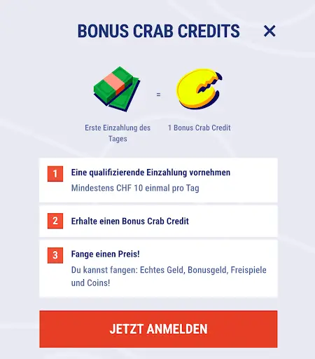 Bonus Crab Credits Aktion – Einzahlung ab CHF 10 bringt einen Bonus Crab Credit und Chance auf Preise