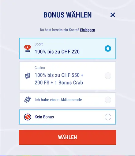 Bonusauswahlmenü mit Optionen für Sportbonus, Casinobonus, Aktionscode oder ohne Bonus