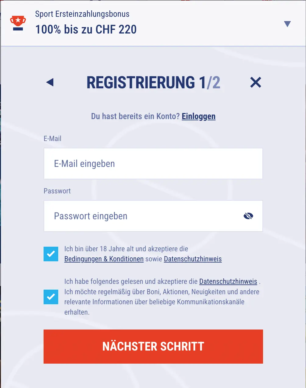 Tikitaka Casino Registrierungsformular – Schritt 1 von 2 mit Eingabefeldern für E-Mail und Passwort sowie Bonusangebot 100% bis zu CHF 220