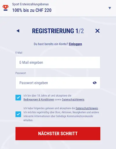 Registrierungsformular für Sportbonus mit Eingabefeldern für E-Mail und Passwort