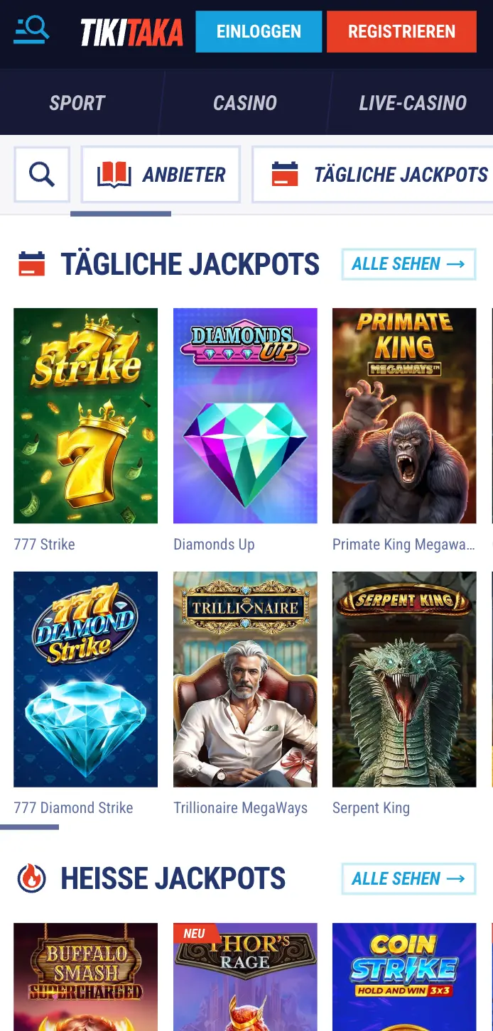 Tikitaka Casino mobile Ansicht mit täglichen Jackpots und Slot-Spielen wie 777 Strike, Diamonds Up, Primate King, Trillionaire Megaways und Serpent King