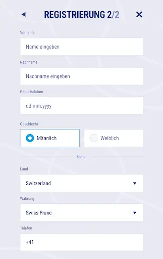 Registrierungsformular Schritt 2 mit Eingabefeldern für Name, Nachname, Geburtsdatum, Geschlecht, Land, Währung und Telefonnummer